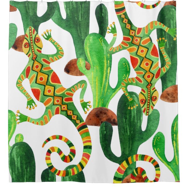 Cortina Para Box Cactos Lizards Impressão de Aquarela (Frente)