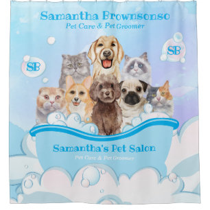 Cortina Para Box Cães Bolhas Azuis Gatos Spa Banheira Azul Pet