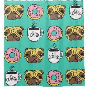 Cortina Para Box Cães engraçados, rosquinhas, padrão de café.