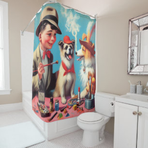 Cortina Para Box Cães Felizes De Pintura De Óleo Retro