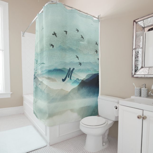 Cortina Para Box Calm Monogramed Nature Aquarela Cena de Montanha (In Situ)