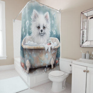 Cortina Para Box Cão Eskimo Americano na Banheira Aquarela Arte Can