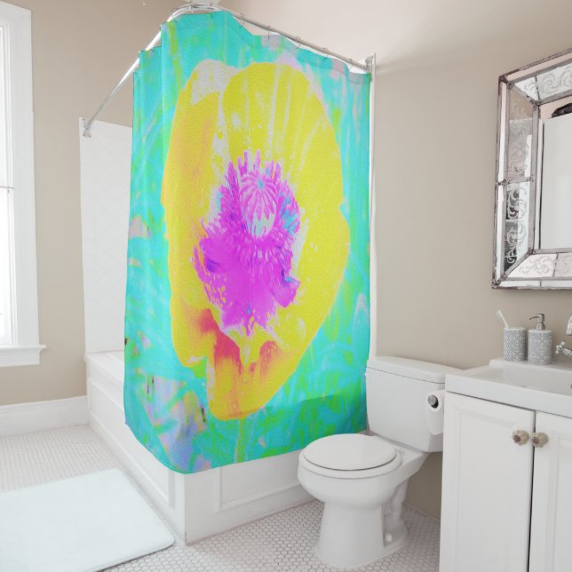 Cortina Para Box Cápsula amarela com centro rosa quente em turquesa (In Situ)