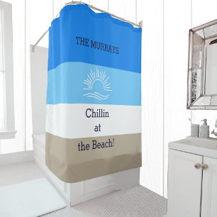 Cortina Para Box Casa da Praia da Família Blue Tan e White Stripes
