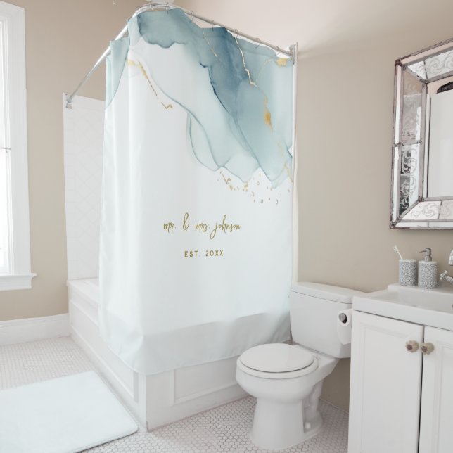 Cortina Para Box Casamento de Casal Dourado Azul com Poeira Náutica (In Situ)