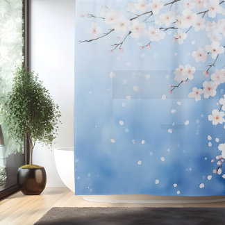 Cortina Para Box Cascata de Flor de Cerejeira em Aquarela Estilo Ja