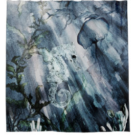 Cortina Para Box Cavalo-marinho com água-viva no mar azul