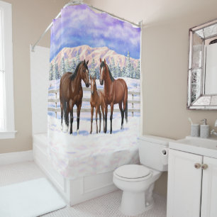 Cortina Para Box Cavalos Do Quarto De Baía De Brown Em Neve