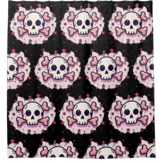 Cortina Para Box Caveira e Ossos Cruzados Rosa Pastel