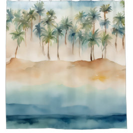 Cortina Para Box Cena de Praia Tropical aquarela Palmeiras Areia Oc