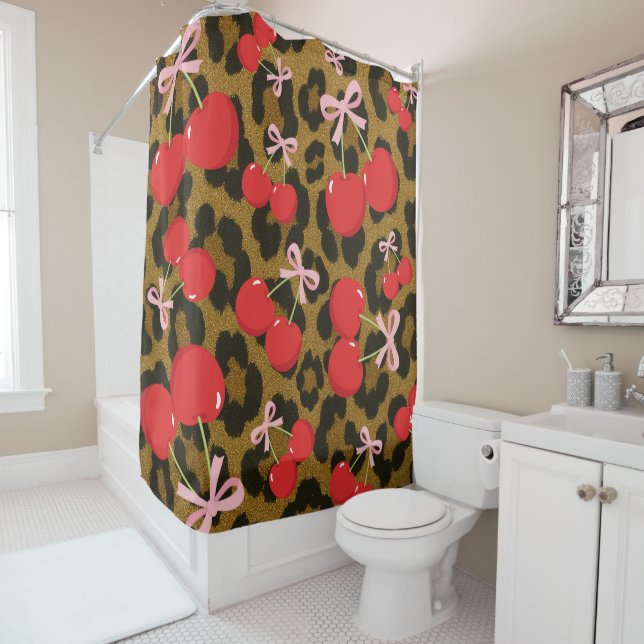 Cortina Para Box Cerejas Vermelhas com Laço Rosa Estampa de Leopard (In Situ)