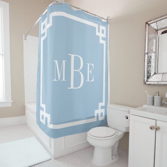 Cortina Para Box Chave Grega Azul Céu e Branco | Monogramado (In Situ)