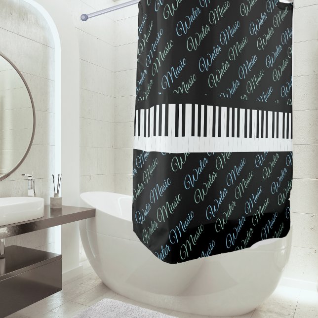 Cortina Para Box Chaves de Piano de Música Água (A shower curtain patterned with 'Water Music' in script typography, with piano keys round the middle)