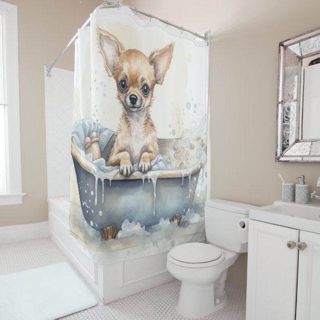 Cortina Para Box Chihuahua Em Bathtub Aquarela Arte Cachorra (In Situ)