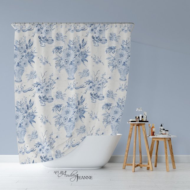 Cortina Para Box Chinoiserie Floral Vase Peony Blue Bath (Blue and White Toile Chinoiserie Flora by Audrey Jeanne)