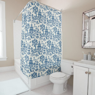 Cortina Para Box Chinoiserie Pagoda Blue em Branco