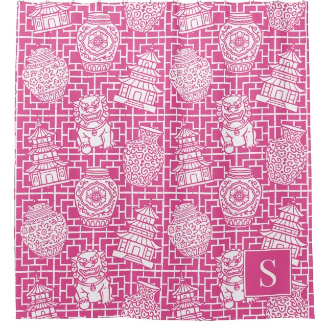 Cortina Para Box Chinoiserie Pagoda – Hot Pink Preppy Asian Garden (Frente)