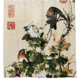 Cortina Para Box Chinoiserie Vintage de Crisântemo e Pássaros Arte