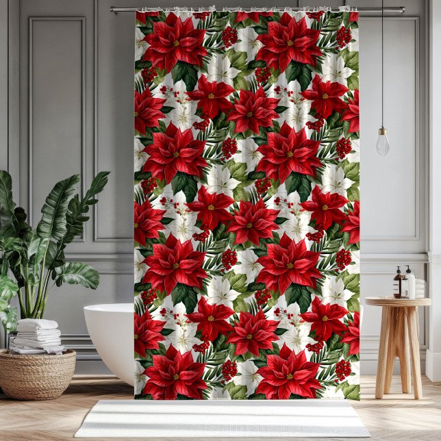 Cortina Para Box Christmas Bath Curtain Poinsettia Winter Accent (Christmas Bath Curtain Poinsettia Winter Accent)