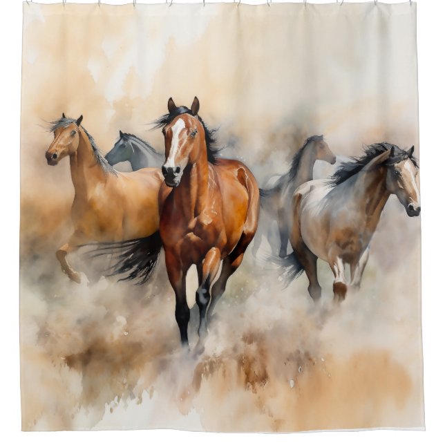 Cortina Para Box “Cinco Mustangs Selvagens” Aquarela Ocidental Empo (Frente)