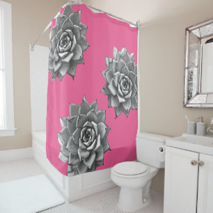 Cortina Para Box Cinza de Aquarela Suculta em Rosa Quente