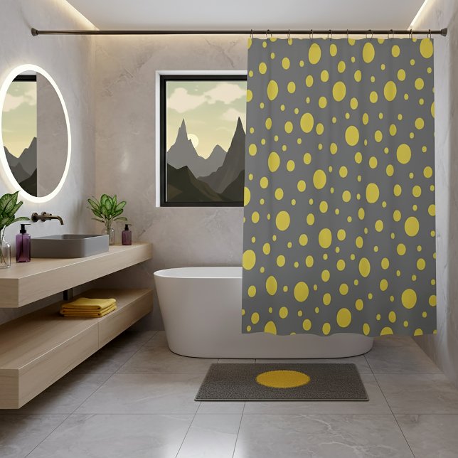 Cortina Para Box Cinza e Amarelo Moderno com Pontos Polca (Modern Gray and Yellow Polka Dots Shower Curtain)