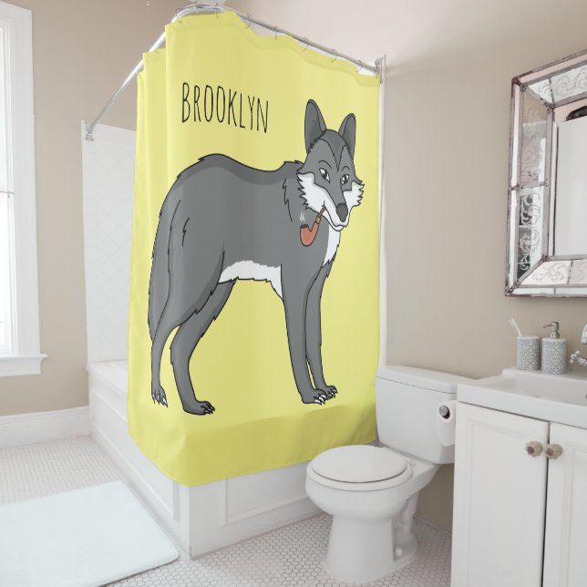 Cortina Para Box Cinza lobo com ilustração de desenho animado (In Situ)