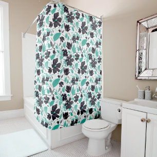 Cortina Para Box Cinza Pintada Teal Watercolor Clematis Vine Floral