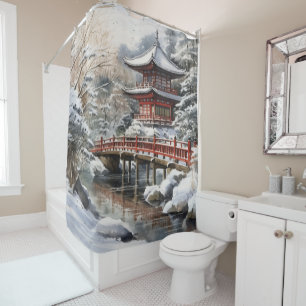 Cortina Para Box Cinza Vermelha Pagoda Japonesa Soribashi Winter