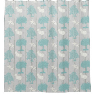 Cortina Para Box Cinza White Blue Beach Cotage Coral Shell Starfish