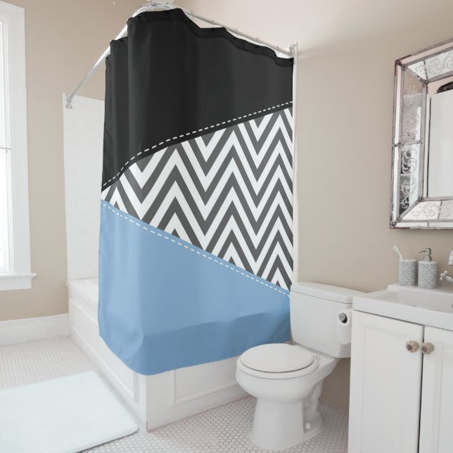 Cortina Para Box Cinza Zigzag, Cinza Chevron, Zigzag Patterno, Azul (In Situ)
