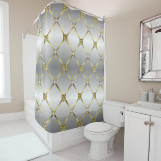 Cortina Para Box Cinzas Douradas E Padrão Geométrico Branco