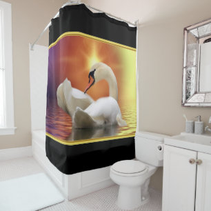 Cortina Para Box Cisne branco num lago com um pôr do sol laranja