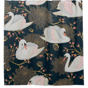 Cortina Para Box Cisnes e crisântemos, padrão natural.