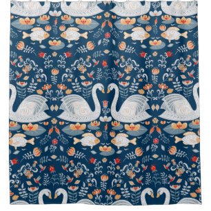 Cortina Para Box Cisnes, peixes, flores em fundo azul. Decoração