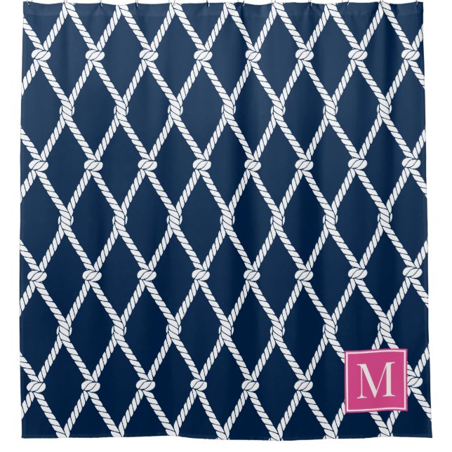 Cortina Para Box Coastal Preppy Nautical Monogram - Navy & Hot Pink (Frente)