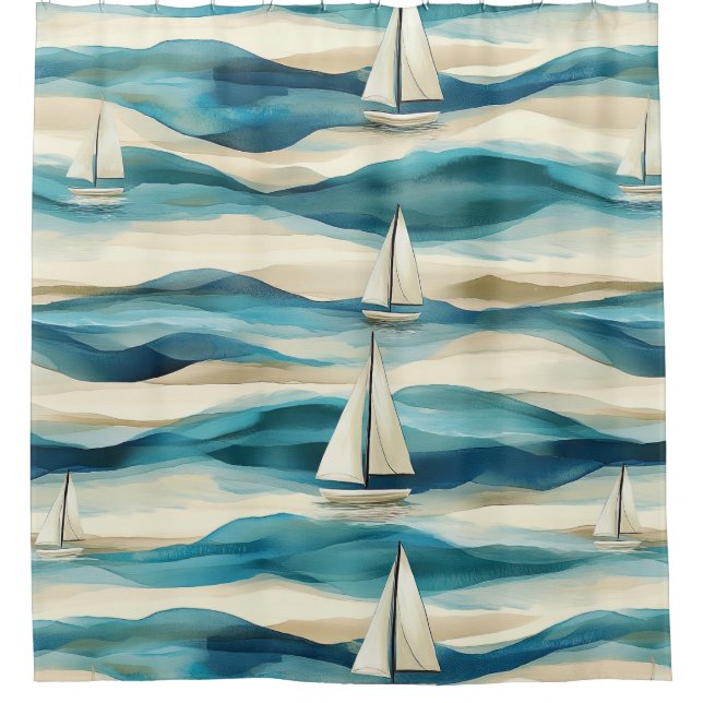 Cortina Para Box Coastal Sailboat Waves Nautical Pattern (2) (Frente)