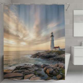 Cortina Para Box Coastal Serenity Lighthouse Shower Curtain