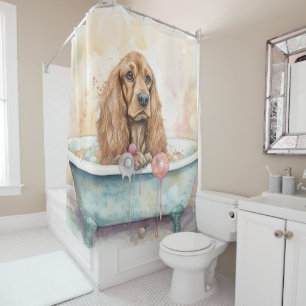 Cortina Para Box Cocker Spaniel Inglês na Banheira Aquarela Cachorr