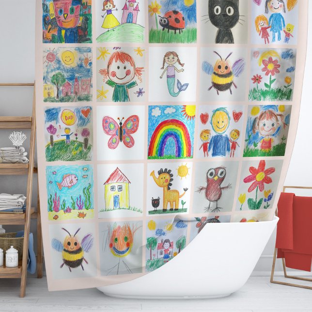 Cortina Para Box Colagem de Desenhos e Artes Infantis (Turn bath time into an art exhibit with this playful shower curtain!)