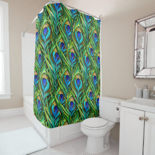 Cortina Para Box Colagem de Penas de Peacock Azul e Verde