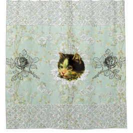 Cortina Para Box Colagem Vintage Retro com rendas e flores