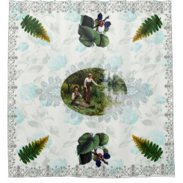 Cortina Para Box Colagem Vintage Retro com rendas e flores