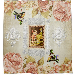 Cortina Para Box Colagem Vintage Retro com rendas e flores