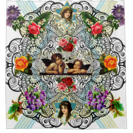 Cortina Para Box Colagem Vintage Retro com rendas e flores