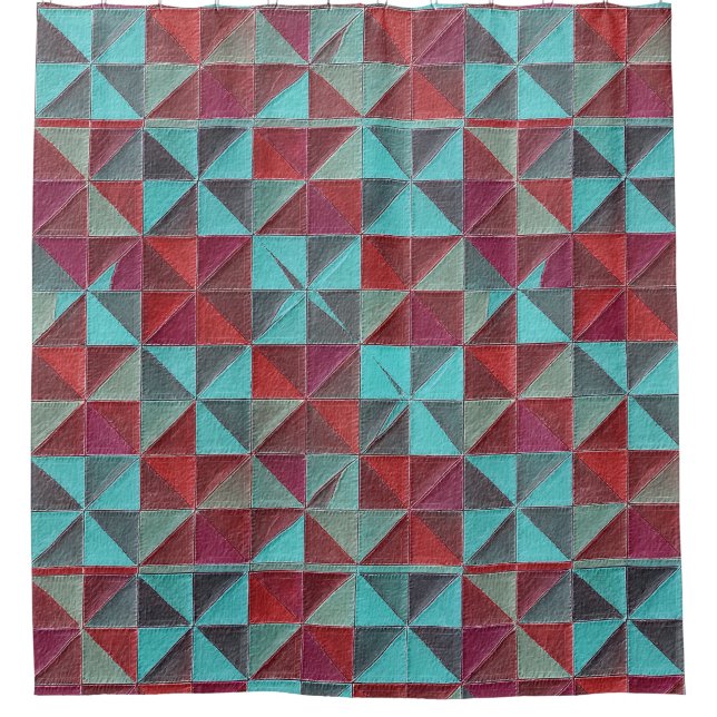 Cortina Para Box colcha vermelha, azul-turquesa, roxa e cinza (Frente)