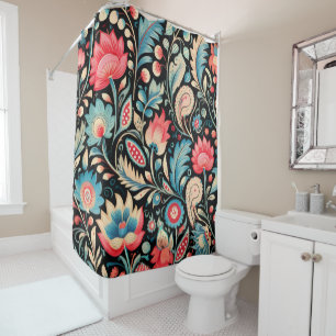Cortina Para Box Colorir Blooms e Padrões de Paisley em Preto