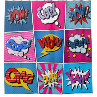 Cortina Para Box Comic Bubbles Set. Expressões Bom, Legal, Poa, Oop