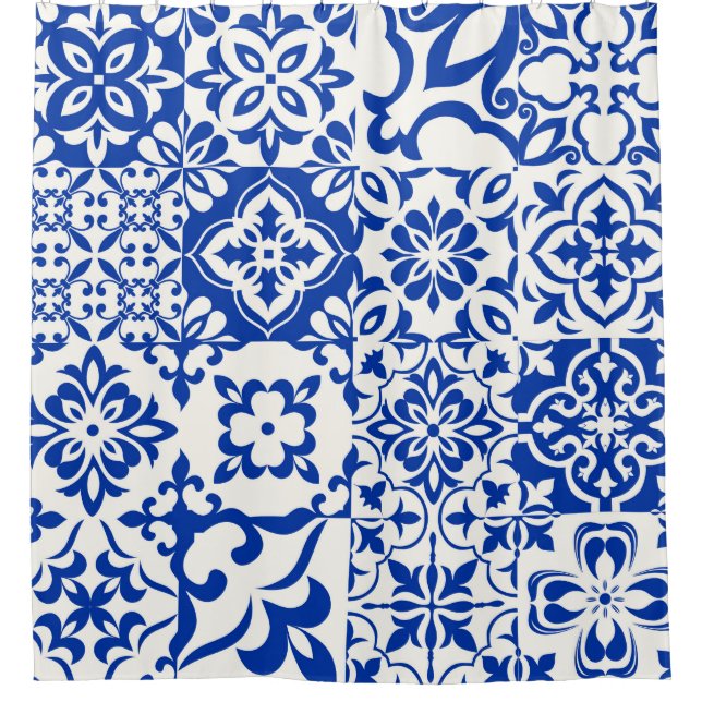 Cortina Para Box Conjunto de 16 azulejos Azulejos em azul, branco.  (Frente)