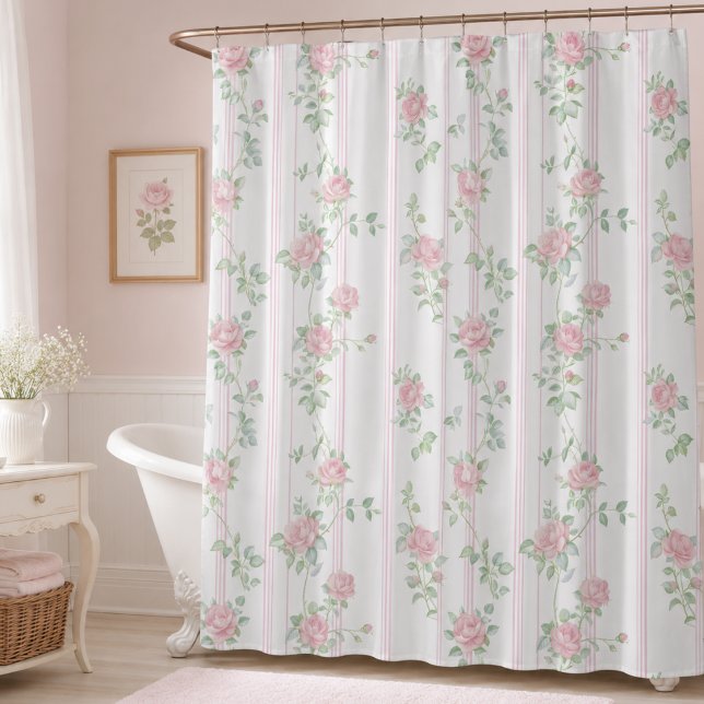 Cortina Para Box Coquete Floral Rosa (elegant shabby chic girly pale pink floral coquette rose stripe shower curtain)